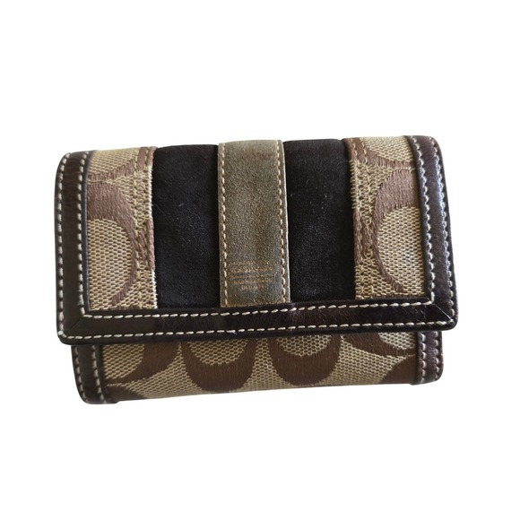 Coach Handbags - VTG Coach Signature C Monogram Trifold Wallet Brown Leather Suede Stripe Compact